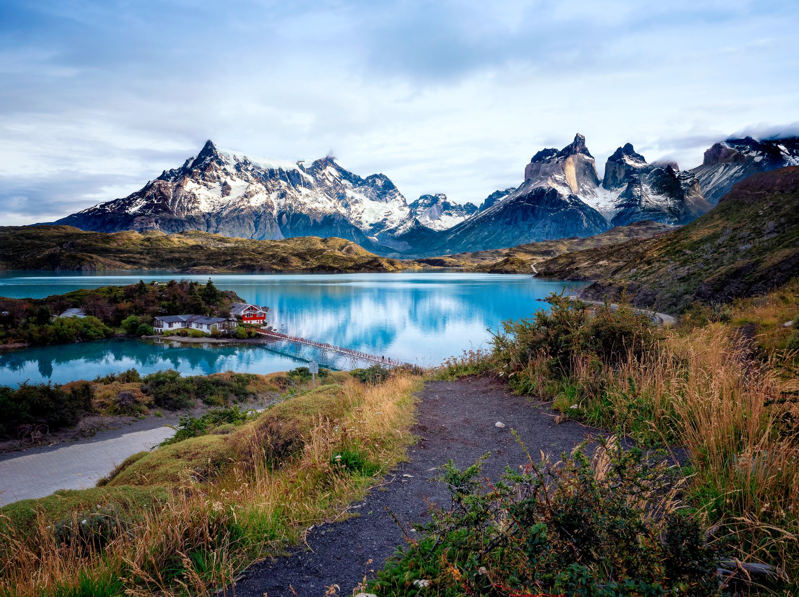 Snow-capped mountains and glacial lakes in Torres del Paine National Park, Chile